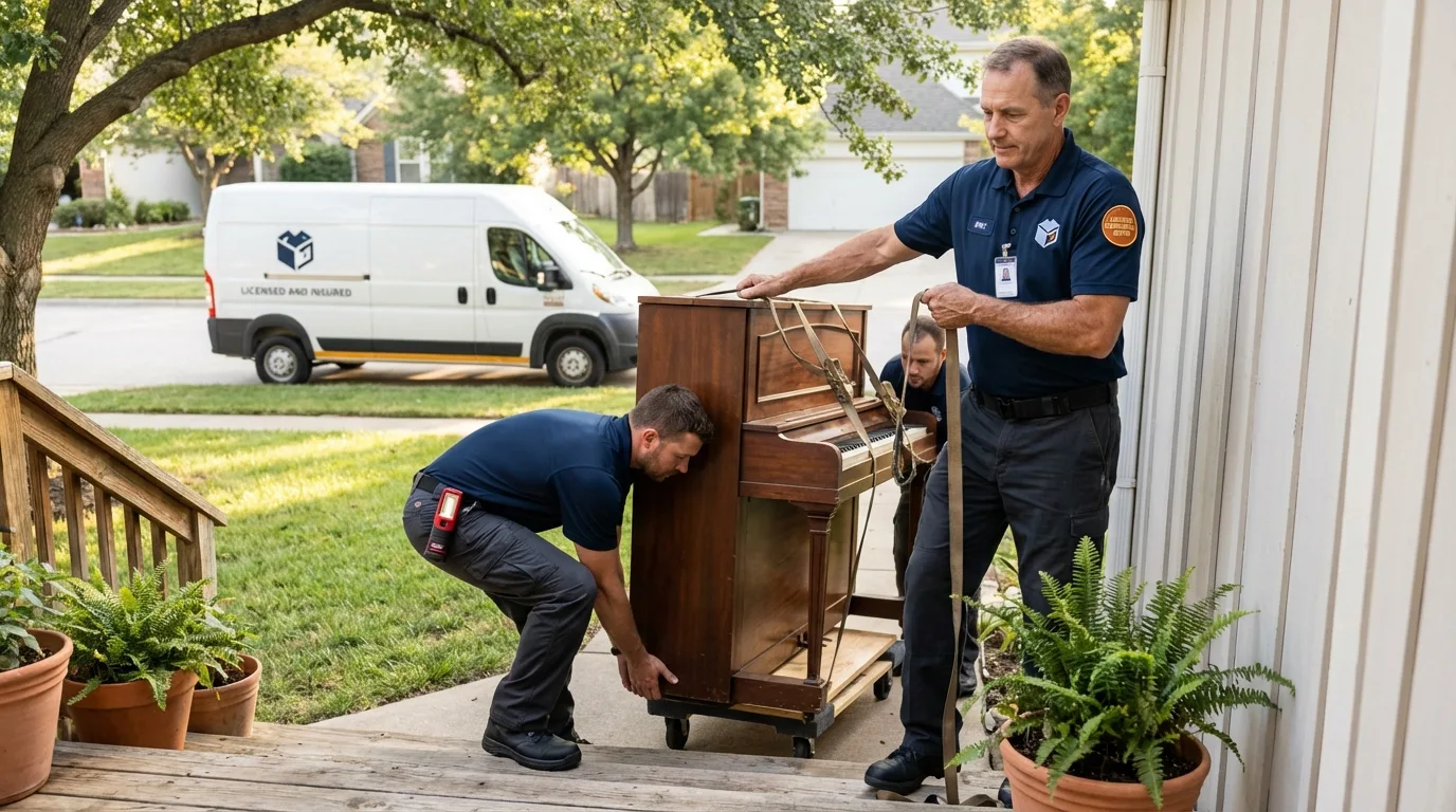 Licensed piano movers securing grand piano in Star, ID