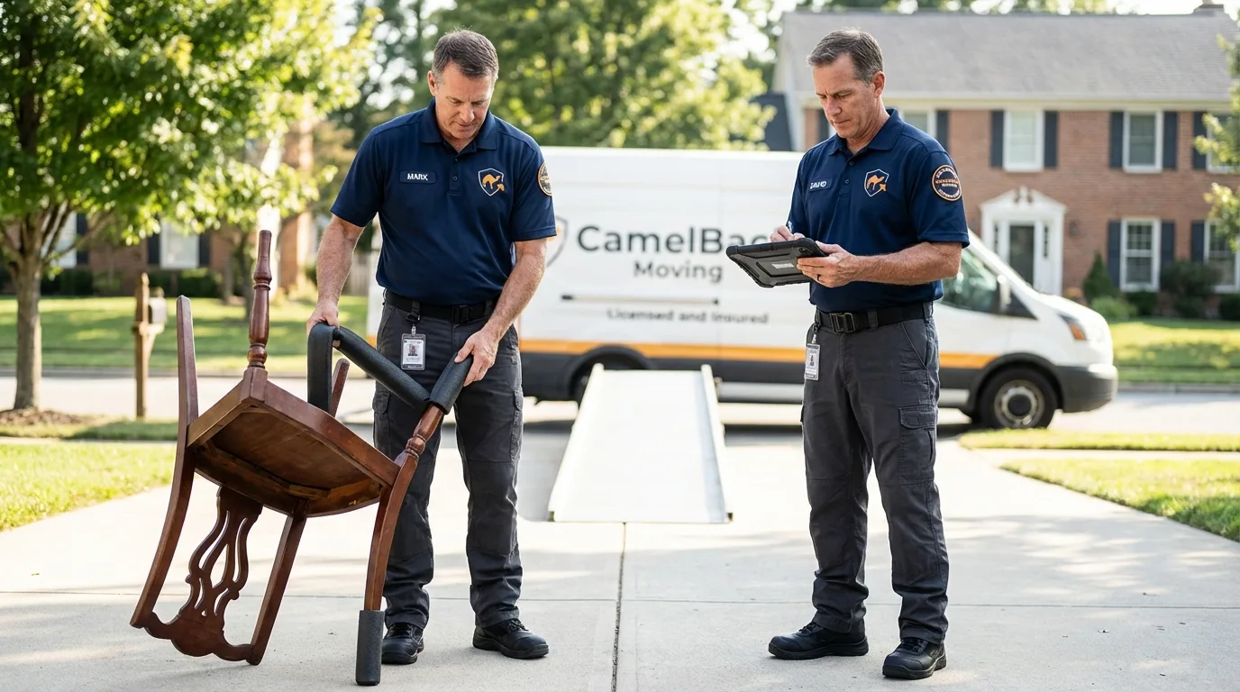 Movers inspecting furniture for damage prevention before loading in Star, ID